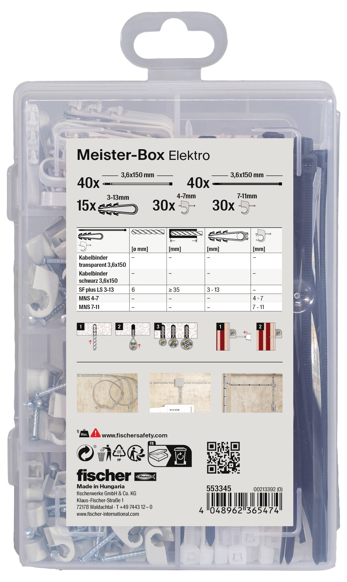 'Meister-Box Elektro' mit assortierten Befestigungselementen, Größenangaben und Mengen dargestellt auf einer Verpackung.