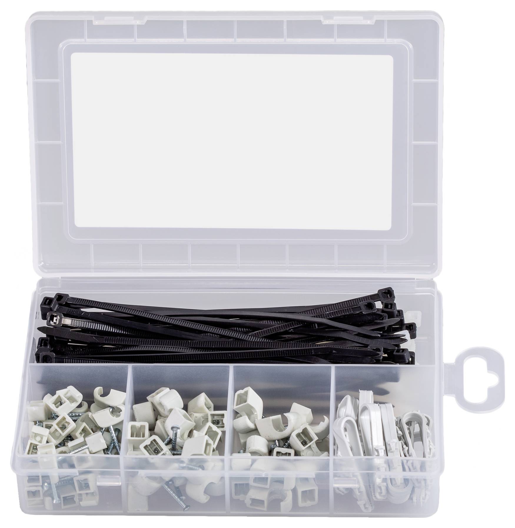 'Kunststoff-Organizer-Box mit Kabelbindern, Kabelschellen und Schrauben. Geeignet für Kabelmanagement und Organisation.'