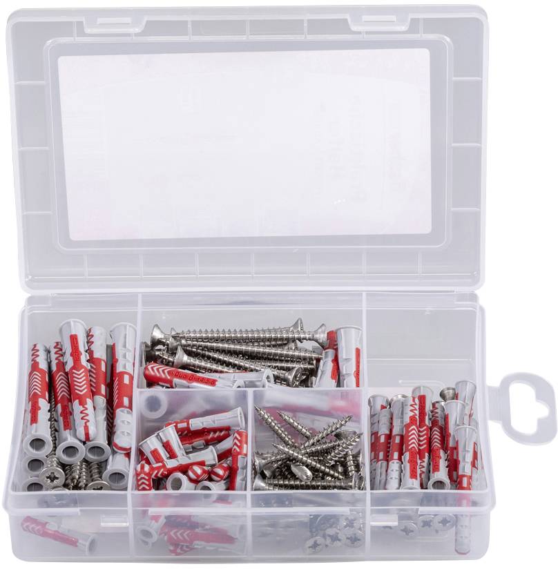Plastikbox mit offenen Fächern, gefüllt mit Metall-Schrauben und roten Dübeln.