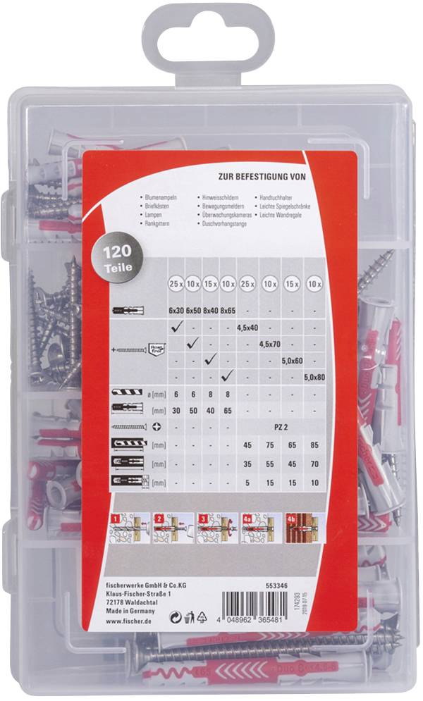 Kunststoffbox mit 120 Teilen für Befestigungen. Enthält Schrauben und Dübel verschiedener Größen. Rote Rückseite mit Tabelle und Piktogrammen.