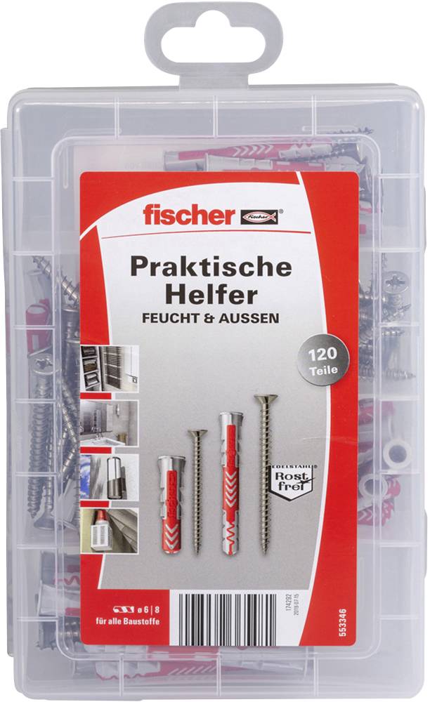 Verpackung mit Schrauben und Dübeln von Fischer, beschriftet als 'Praktische Helfer Feucht & Außen', 120 Teile, rostfrei.