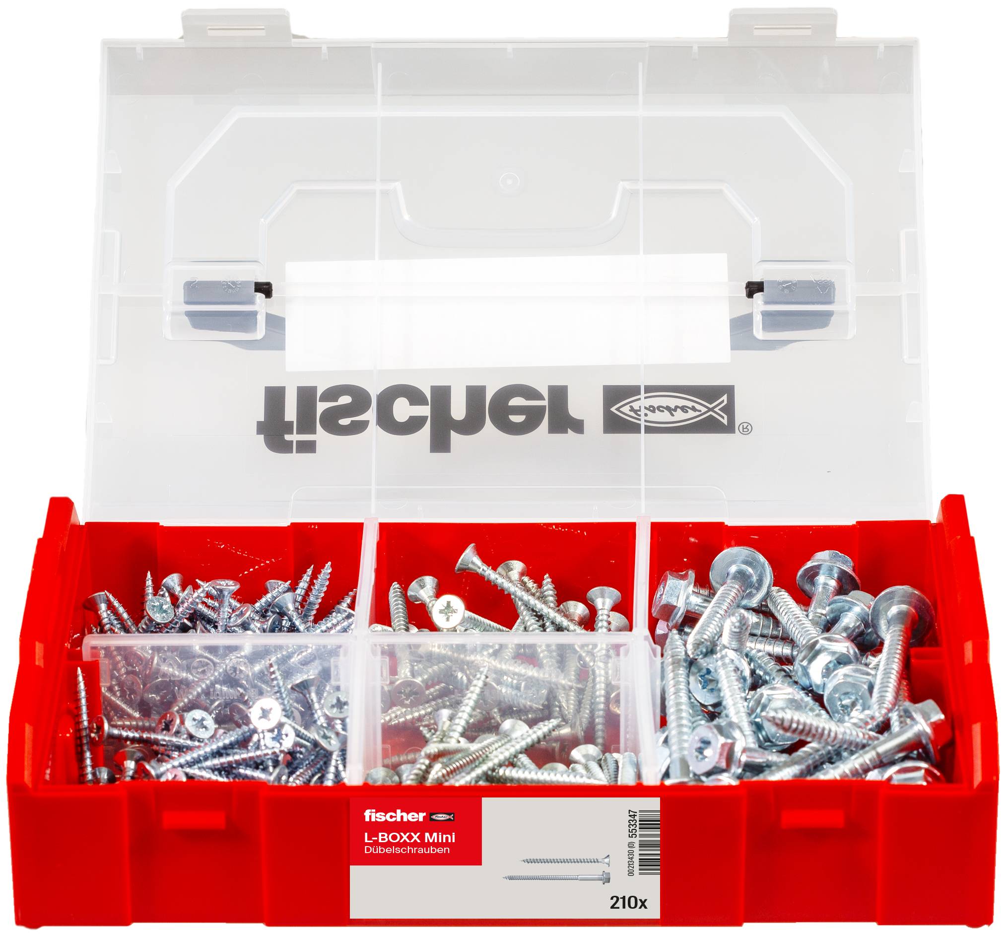 Offene rote Organizer-Box mit drei Fächern gefüllt mit verschiedenen Schrauben und Befestigungselementen, gekennzeichnet mit „fischer L-BOXX Mini" und „210x".