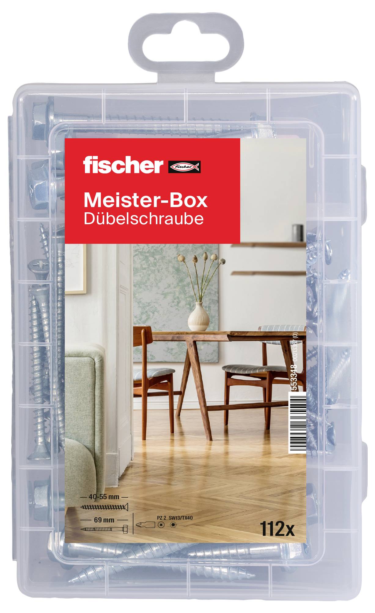 Verpackung einer 'fischer Meister-Box' mit Dübel und Schrauben. Enthält 112 Teile, Abbildung eines Esszimmers im Hintergrund.