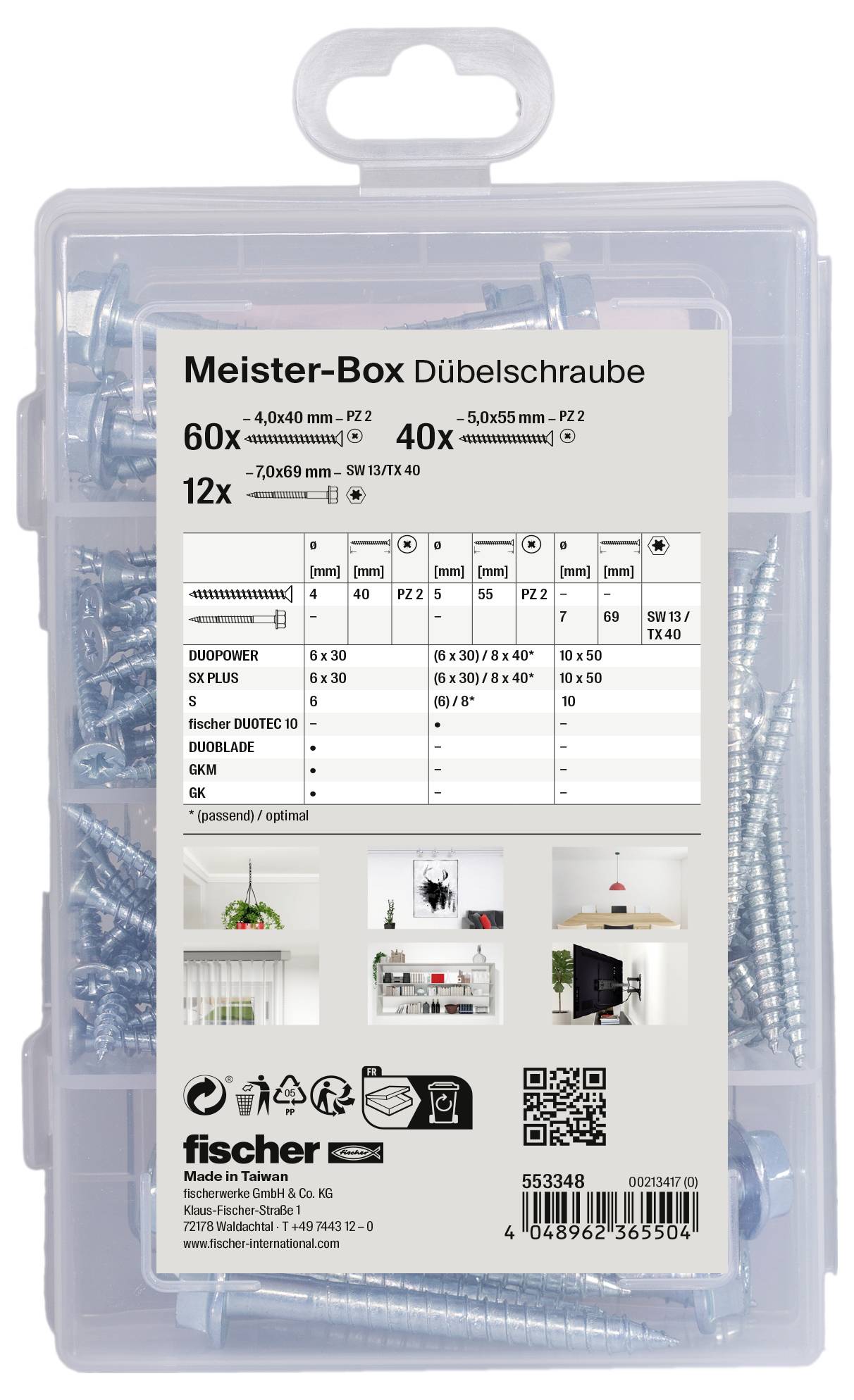 Meister-Box mit Dübel und Schrauben in verschiedenen Größen. Enthält Tabelle mit technischen Spezifikationen und Anwendungshinweisen.