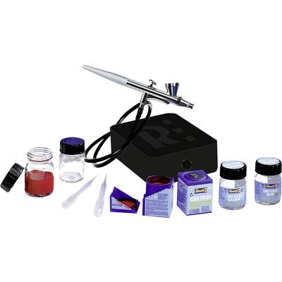 Eine Airbrush-Set bestehend aus einer Airbrush-Pistole, einem schwarzen Kompressor, Farbglasbehältern und Reinigungslösungen.