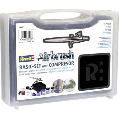 Kunststoffkoffer mit Revell Airbrush Basic-Set. Enthält Airbrush-Pistole, Kompressor und Zubehör für Modellbau.