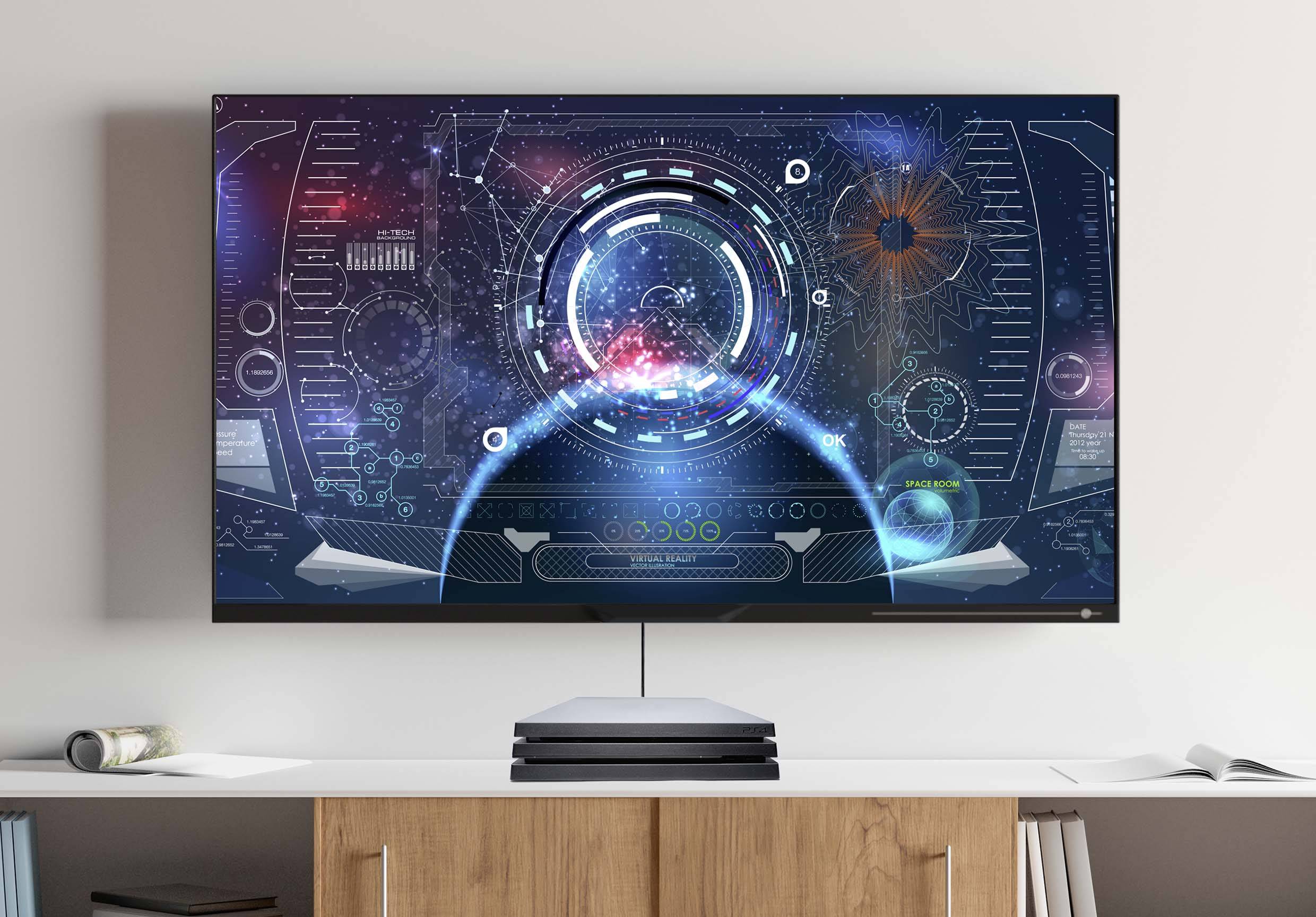 Flachbildschirm an der Wand mit futuristischer Benutzeroberfläche, zentraler blauer Kreis, umgeben von Diagrammen und Daten-Widgets.