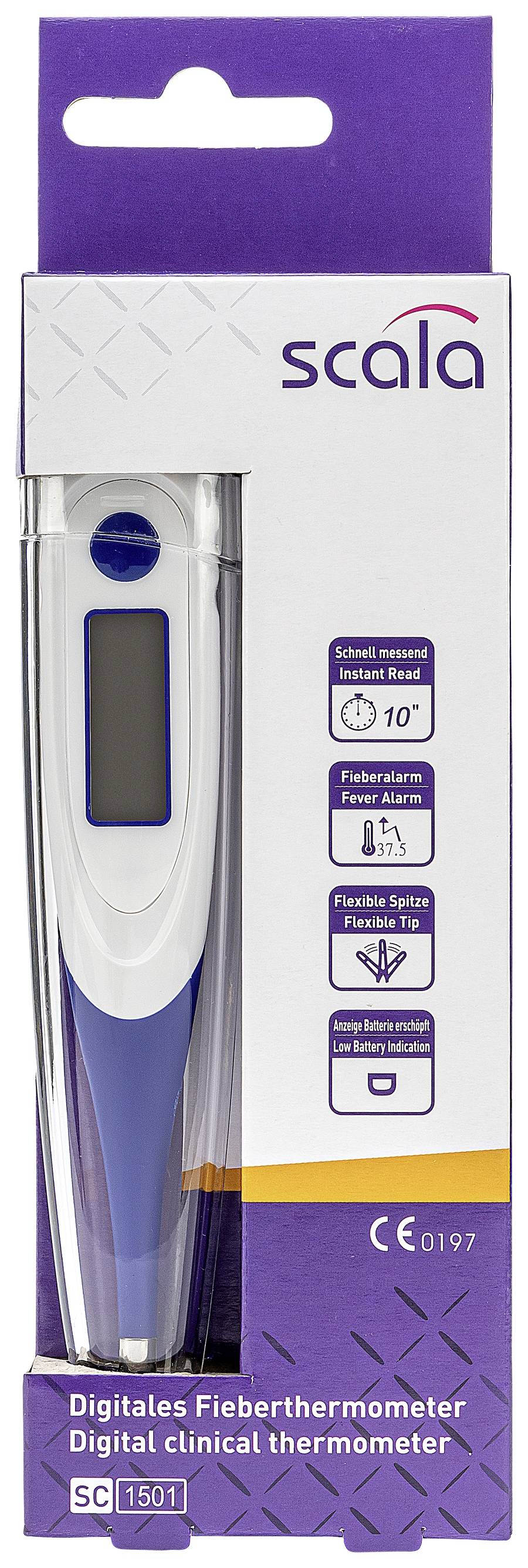 'Digitales Fieberthermometer von Scala, zeigt flexible Spitze, schnelle Messung in 10 Sekunden, wasserfest, Modell SC 15.'