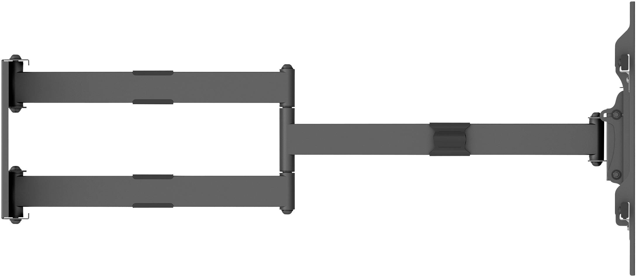 Schwenkbare, schwarze TV-Wandhalterung mit ausziehbarem Arm in seitlicher Ansicht, montiert an einer Halterungsplatte.