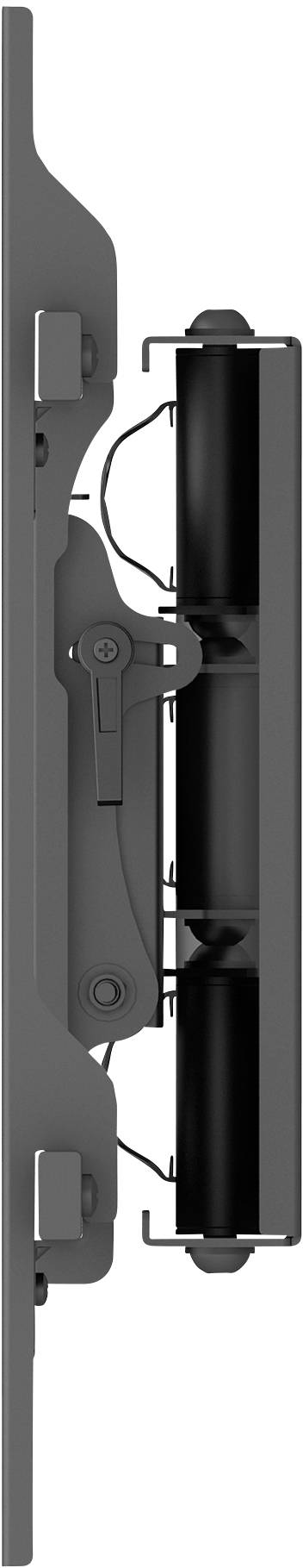 Seitliche Ansicht eines schmalen, grauen Metallgegenstands mit zwei schwarzen Rollen und kleinen Details, möglicherweise ein Mechanismus.