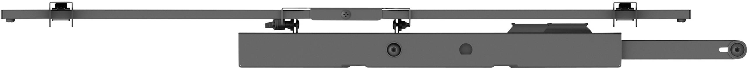 Ein schwarzer Metallbügel mit zwei Schraubpunkten und einer verlängerten Schiene darunter.