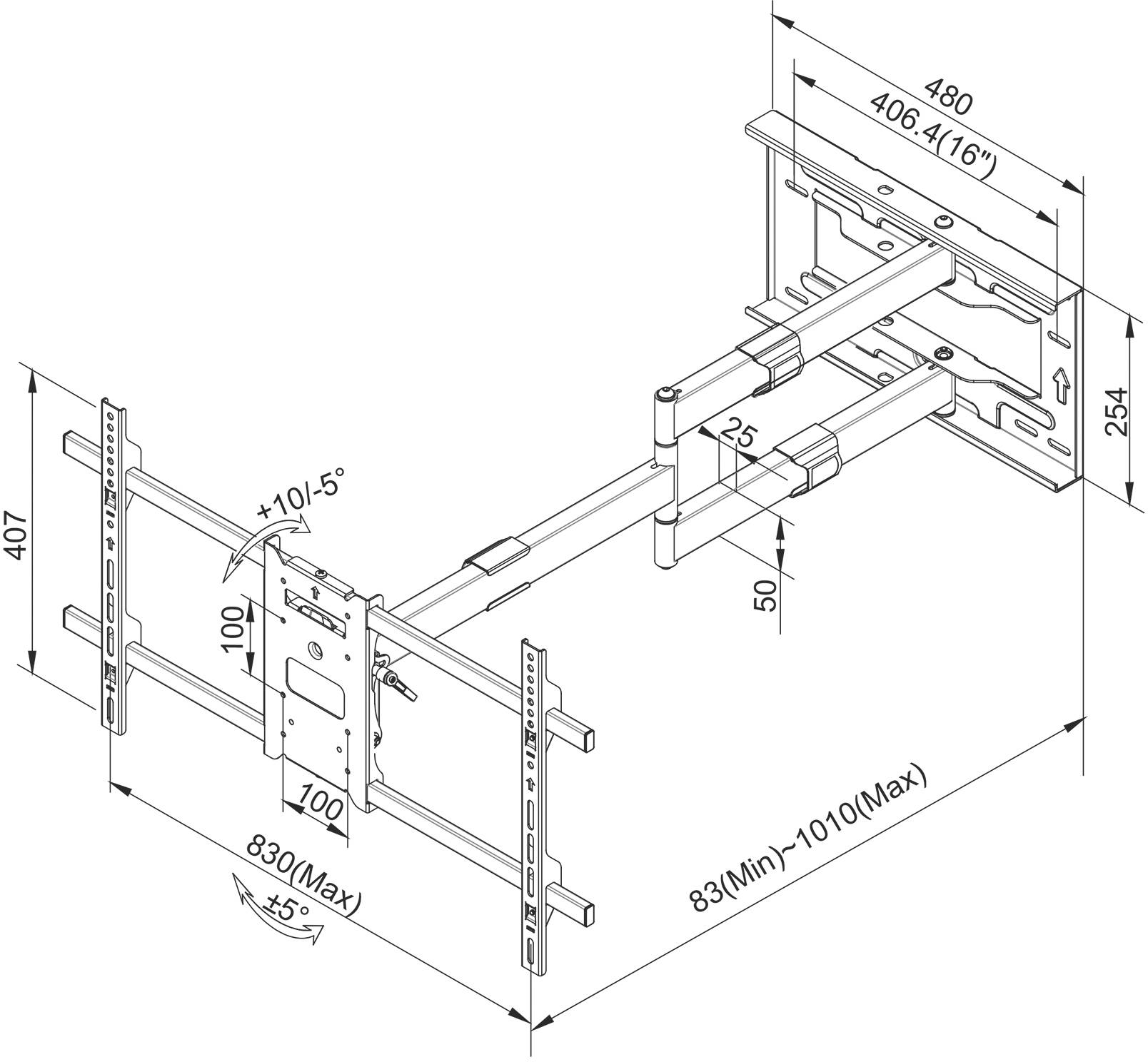 Zeichnung einer verstellbaren TV-Wandhalterung mit Abmessungen und Neigungswinkeln. Maximale Breite 830 mm, Neigung +10/-5 Grad.