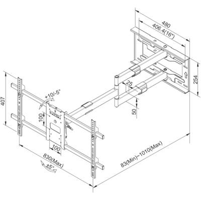 Zeichnung einer verstellbaren TV-Wandhalterung mit Abmessungen und Neigungswinkeln. Maximale Breite 830 mm, Neigung +10/-5 Grad.