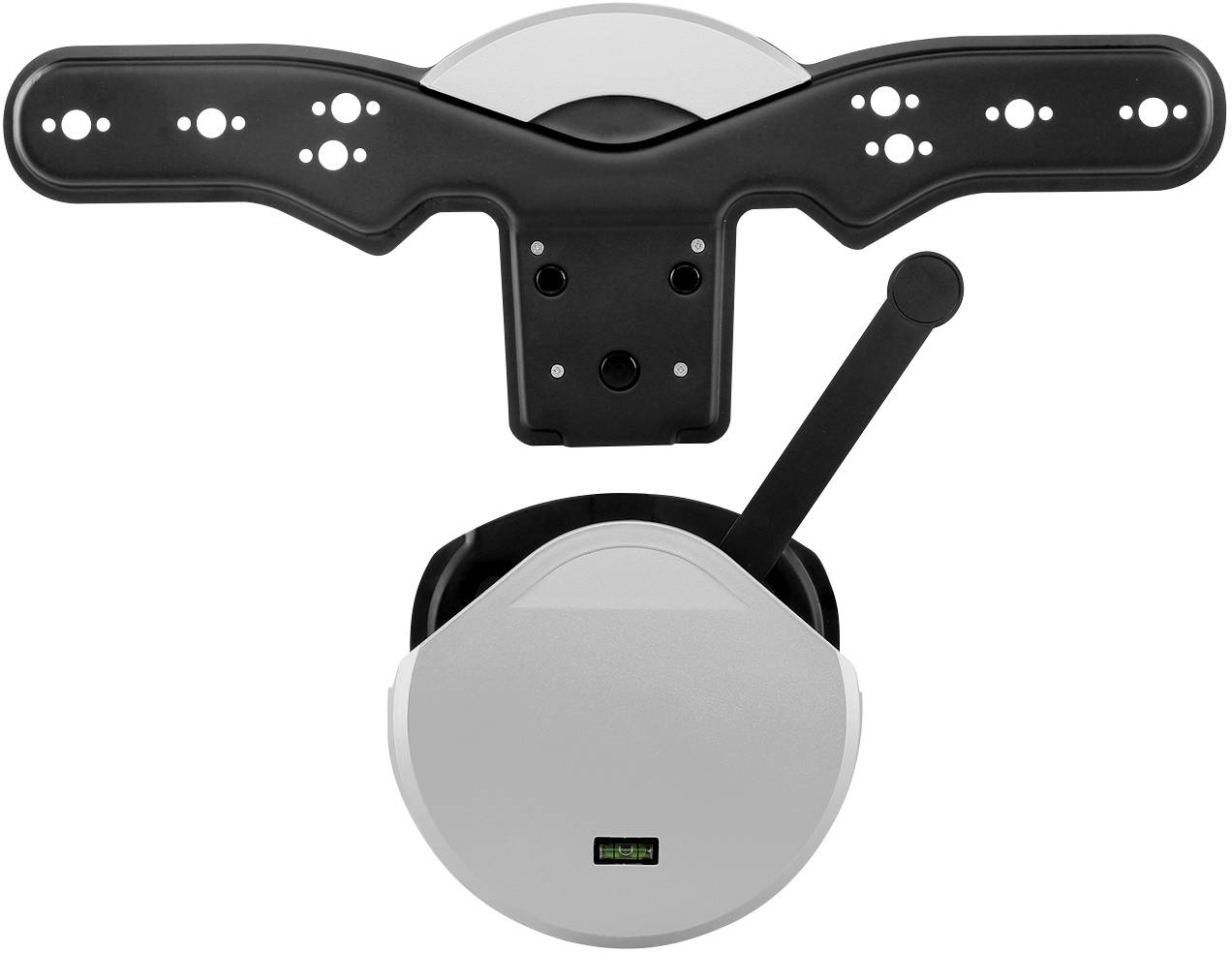 Ein schwarzer Stabilisator mit Hebelarm, vorne an einem grauen Gehäuse angebracht. Geeignet für TV-Wandhalterungen.