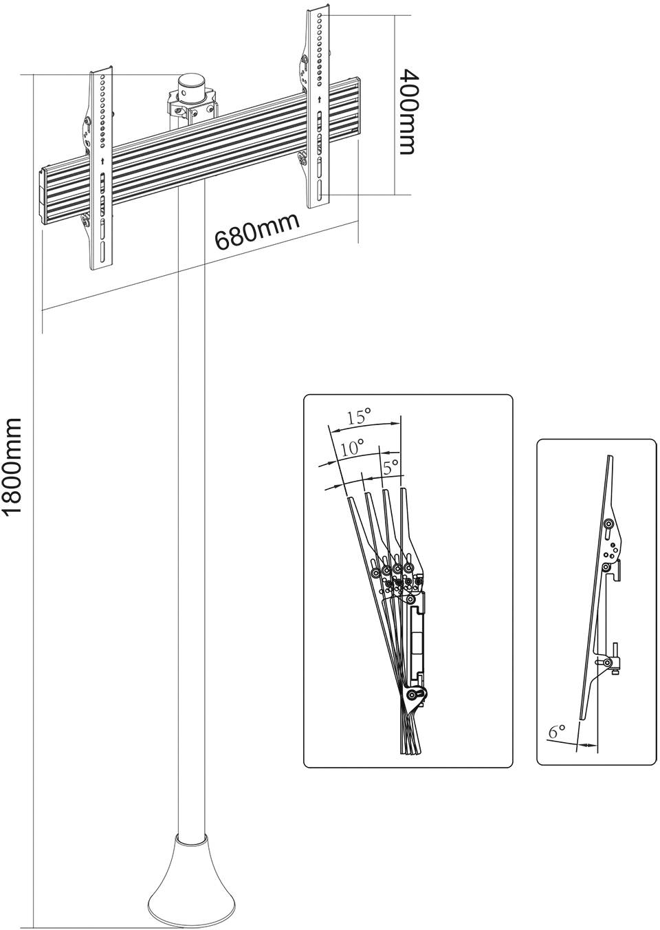 'Stecksystem mit verstellbarer Höhe von 1800mm. Maße: 680mm Breite, 400mm Höhe. Neigungseinstellung: 15° Vorderansicht, 6° Seitenansicht.'