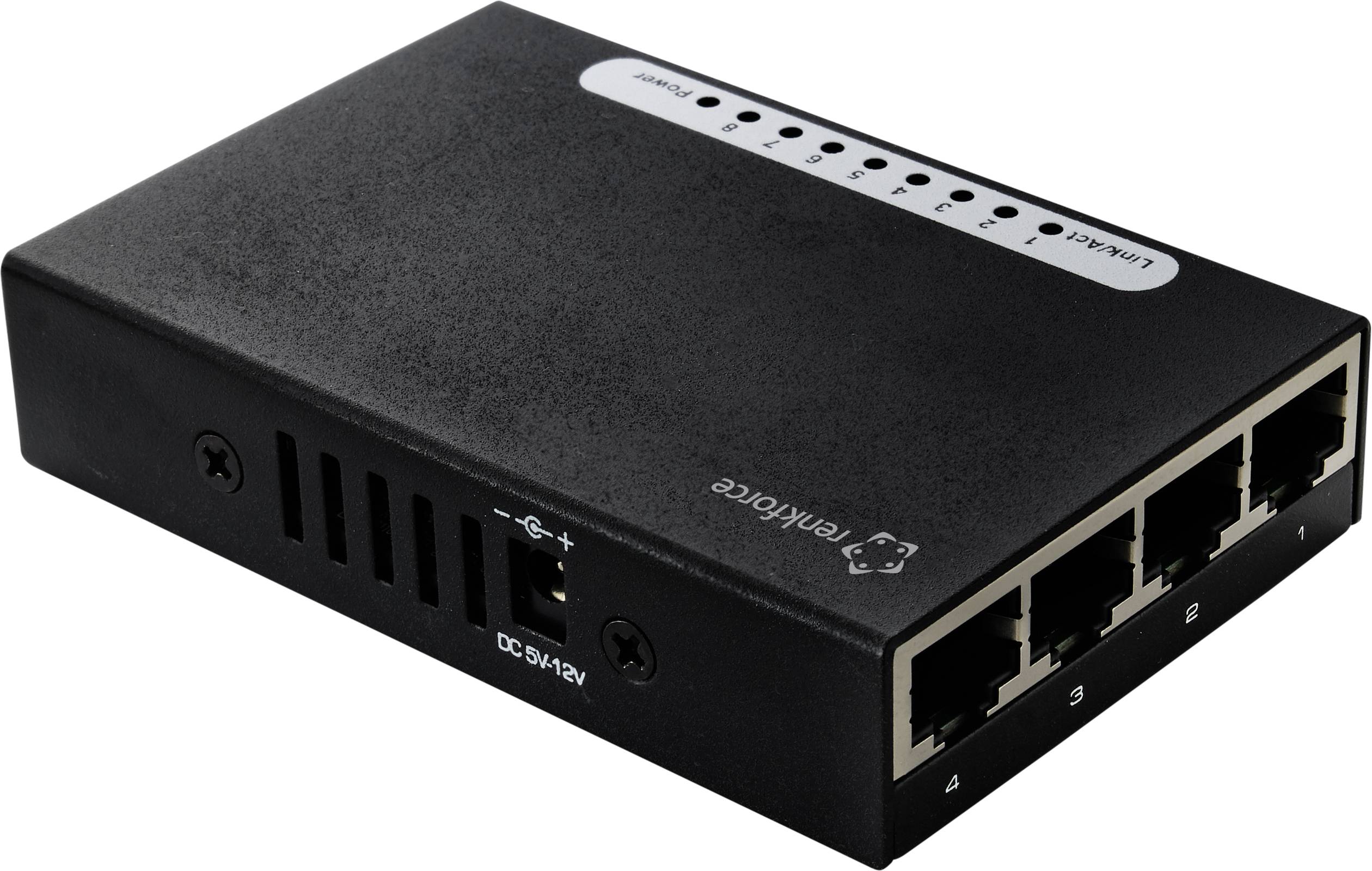 'Schwarzer Ethernet-Switch mit fünf RJ-45-Ports, LED-Anzeigen für Verbindung und Aktivität oben, geeignet für Netzwerkverbindungen.'