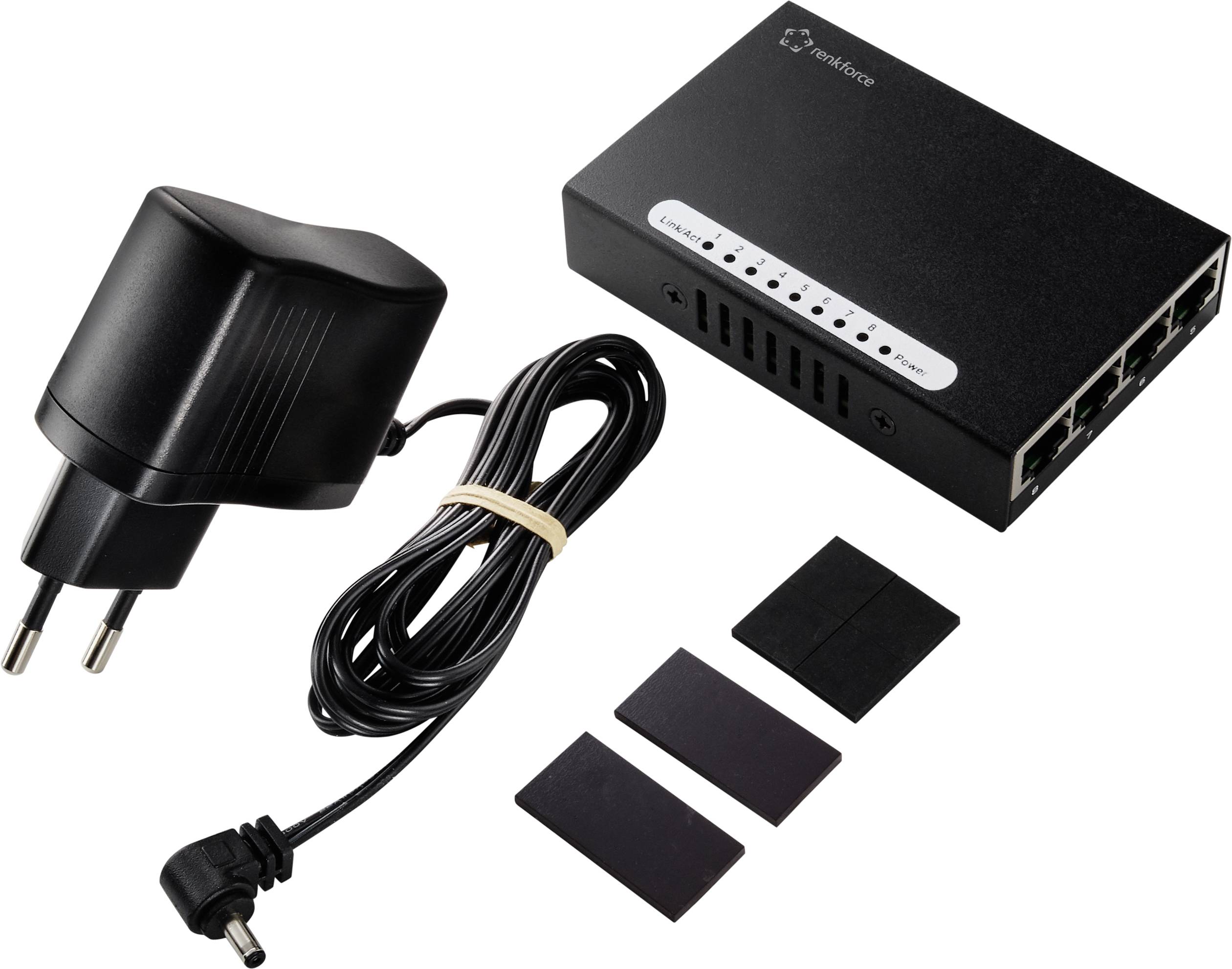 'Netzwerk-Switch mit vier Ethernet-Anschlüssen, Netzteil und Kabel. Enthält Klebepads. Geeignet für Heim- oder Büro-Internetverbindungen.'