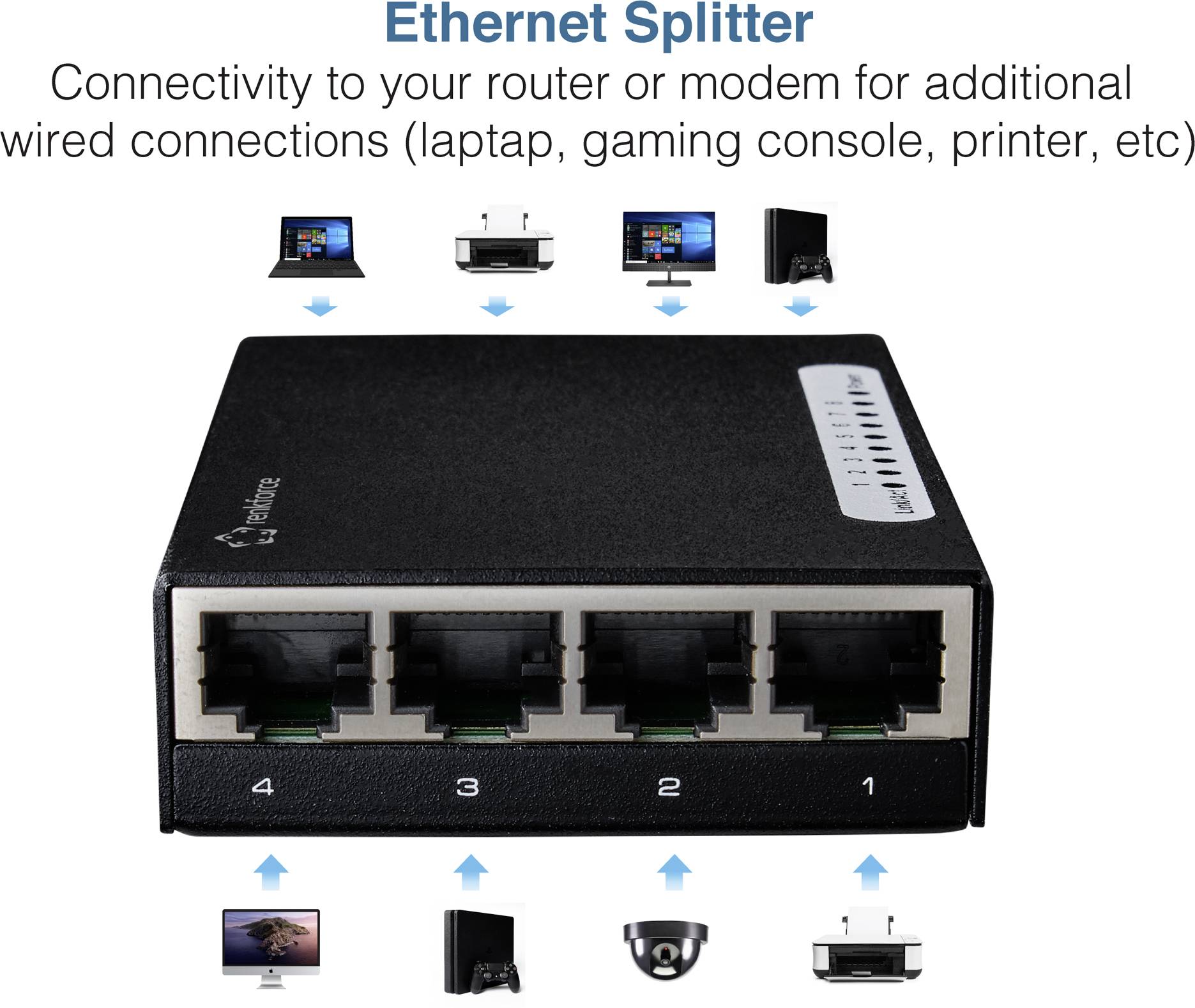 'Ethernet-Splitter mit vier Ports zur Verbindung mit Router oder Modem für zusätzliche kabelgebundene Geräte wie Laptop und Drucker.'
