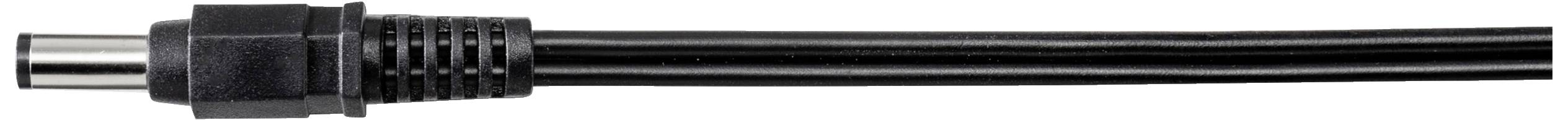 Ein schwarzes Audiokabel mit einem Stecker auf der linken Seite, es verläuft horizontal.