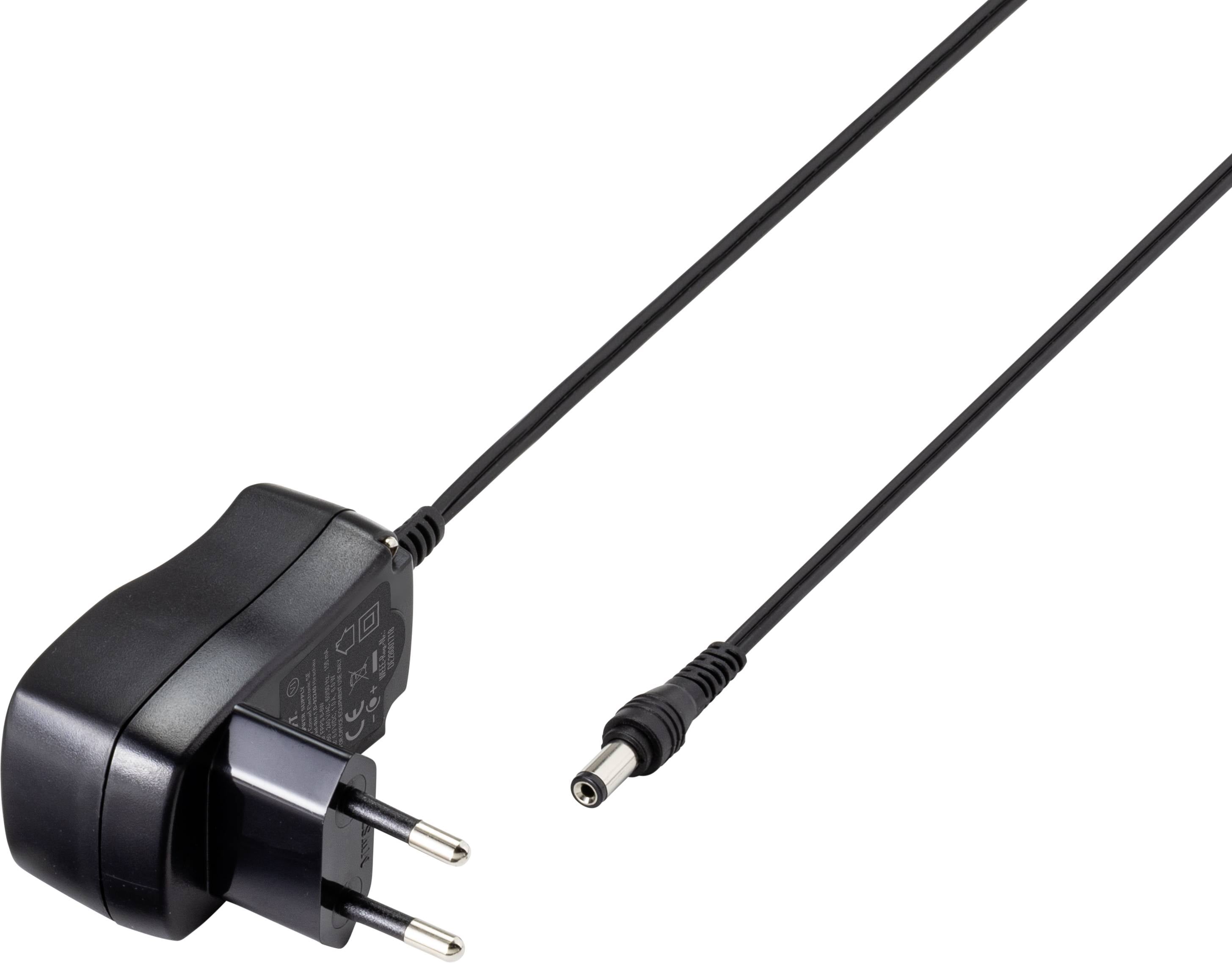 Ein schwarzes Netzteil mit Eurostecker und langem Kabel endet in einem runden Anschlussstecker. Geeignet für elektronische Geräte.