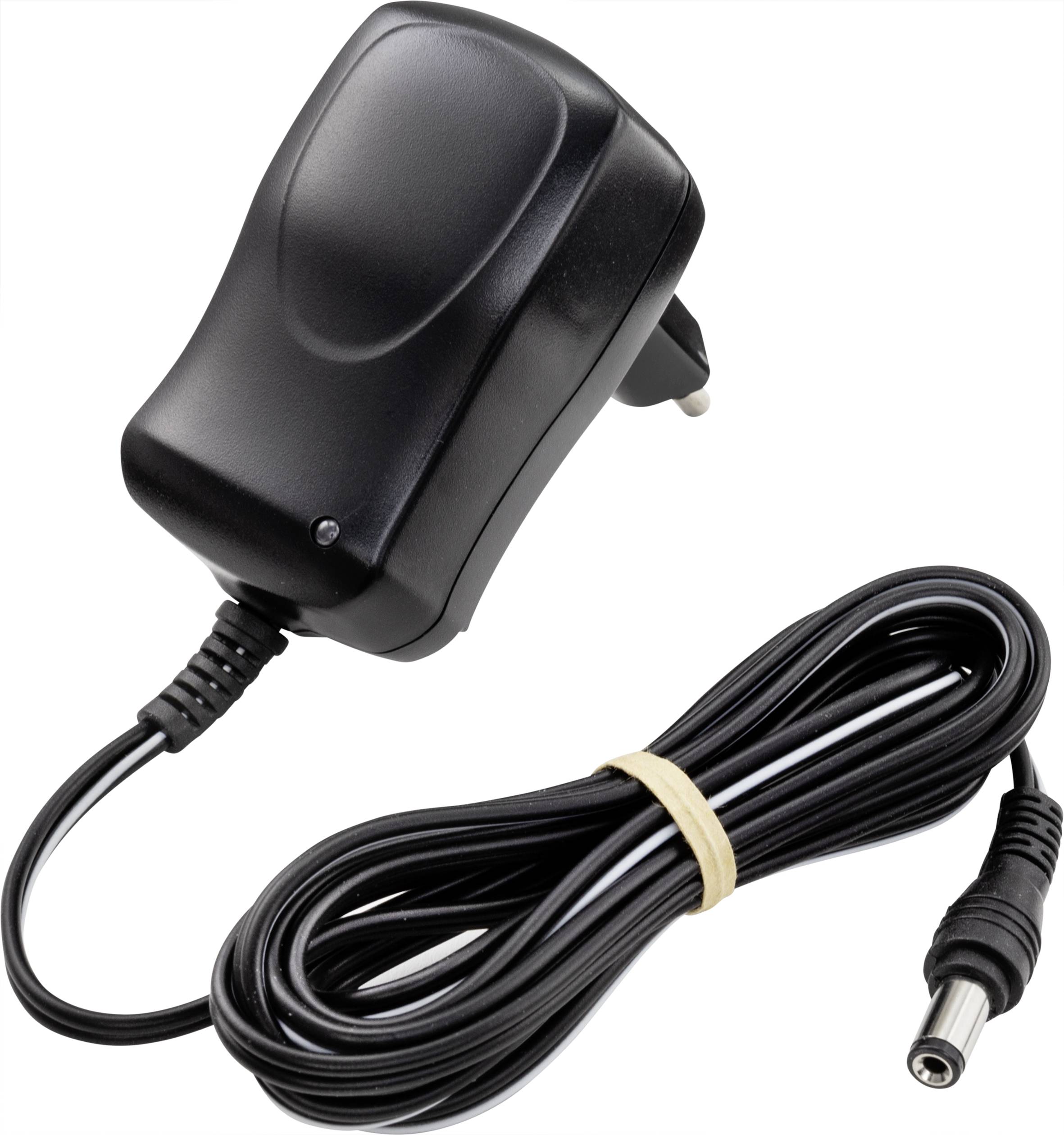 Ein schwarzes Netzteil mit einem langen Kabel, das zusammengerollt ist und einen Stecker hat, um elektrische Geräte zu versorgen.