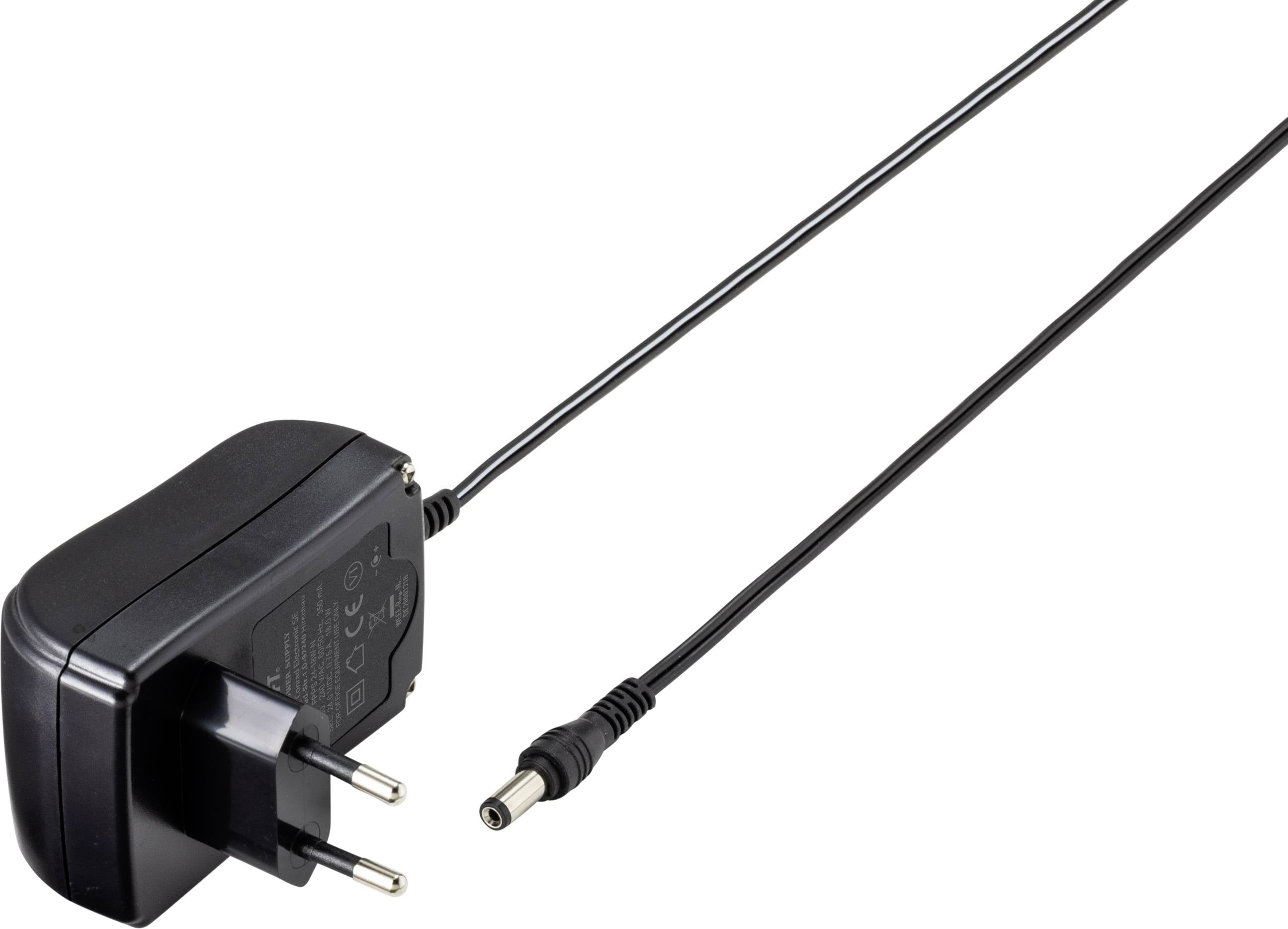 Ein schwarzes Netzteil mit Eurostecker und einem langen Kabel mit einem zylindrischen Anschluss, häufig zur Stromversorgung von Geräten.