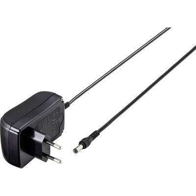 Ein schwarzes Netzteil mit Eurostecker und einem langen Kabel mit einem zylindrischen Anschluss, häufig zur Stromversorgung von Geräten.