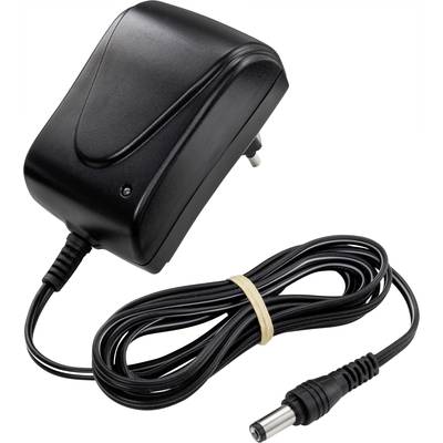 Ein schwarzes Steckernetzteil mit langem Kabel. Es ist für elektronische Geräte gedacht und hat einen runden Stecker am Ende des Kabels.