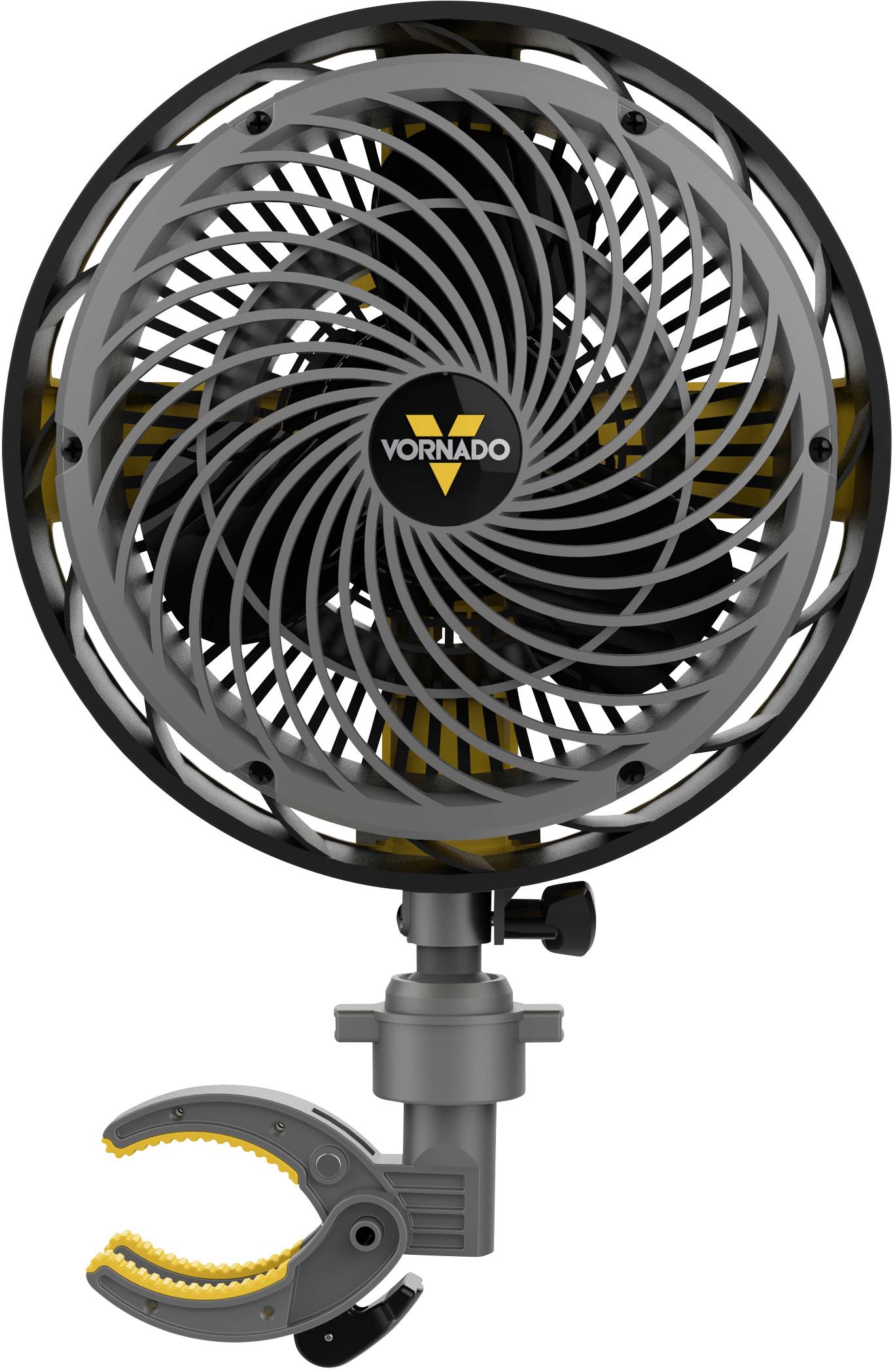 Ein schwarzer Ventilator mit gelben Akzenten, montiert auf einer grauen Klemme. Markiert mit 'Vornado' in der Mitte.