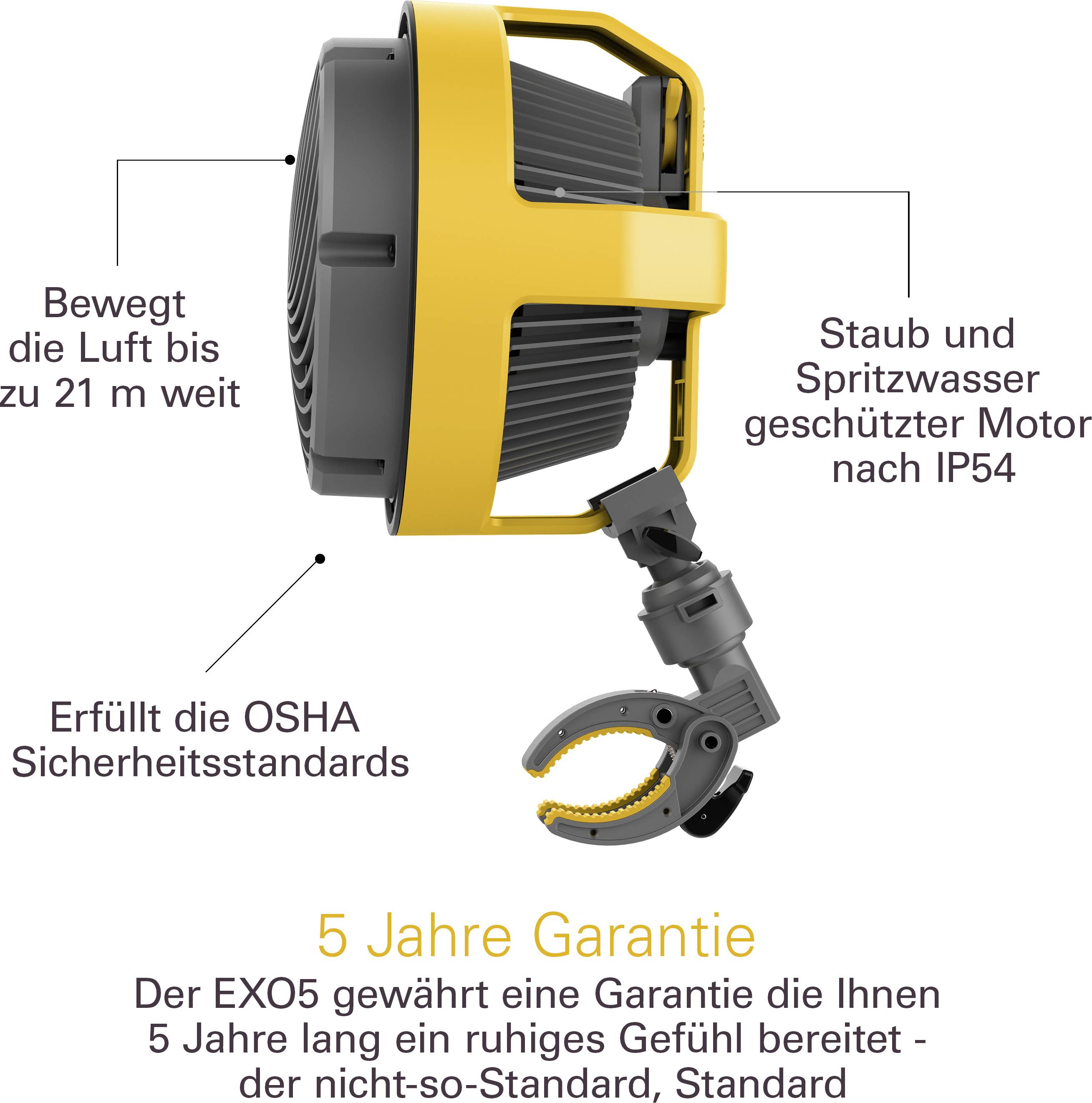 Ventilator mit gelbem Gehäuse, bewegt Luft bis 21 m. Motor nach IP54, staub- und spritzwassergeschützt. Entspricht OSHA-Sicherheitsstandards. 5 Jahre Garantie.
