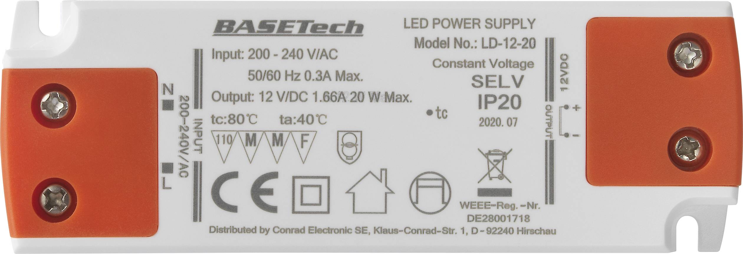 LED-Stromversorgungseinheit mit der Aufschrift 'BASTech'. Eingang: 200-240 V, 50/60 Hz. Ausgang: 12 V, 1,66 A, 20 W. Modell: LD-12-20.