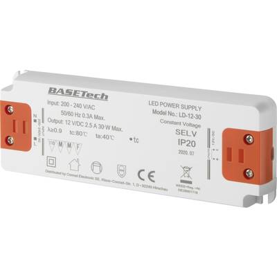 Basetech LD-12-30 LED-Trafo  Konstantspannung 30 W 2.5 A  Möbelzulassung, Überspannung, Montage auf entflammbaren Oberfl