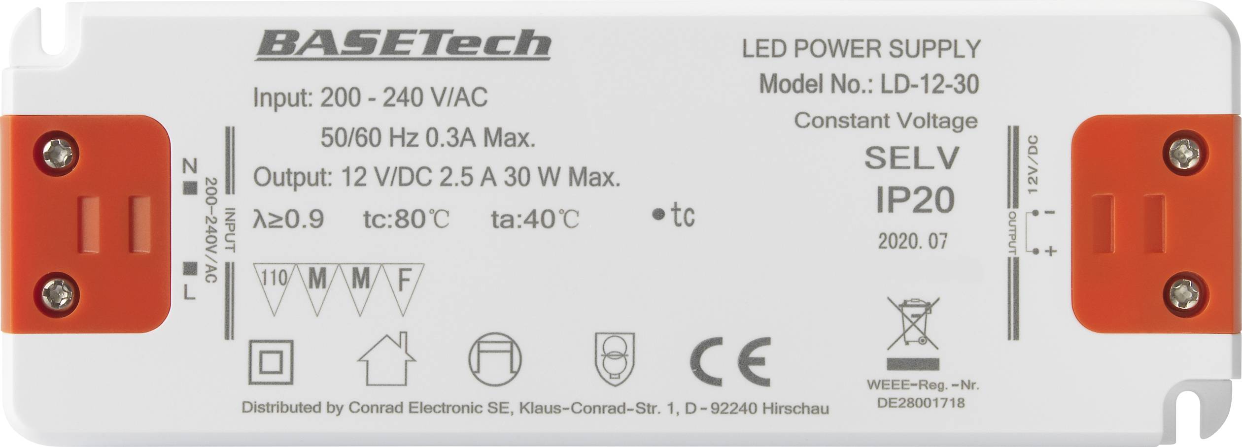 'BASETech LED Power Supply' Modell LD-12-30, Eingang 200-240 V/AC, Ausgang 12 V/DC 2,5 A, Schutzgrad IP20.