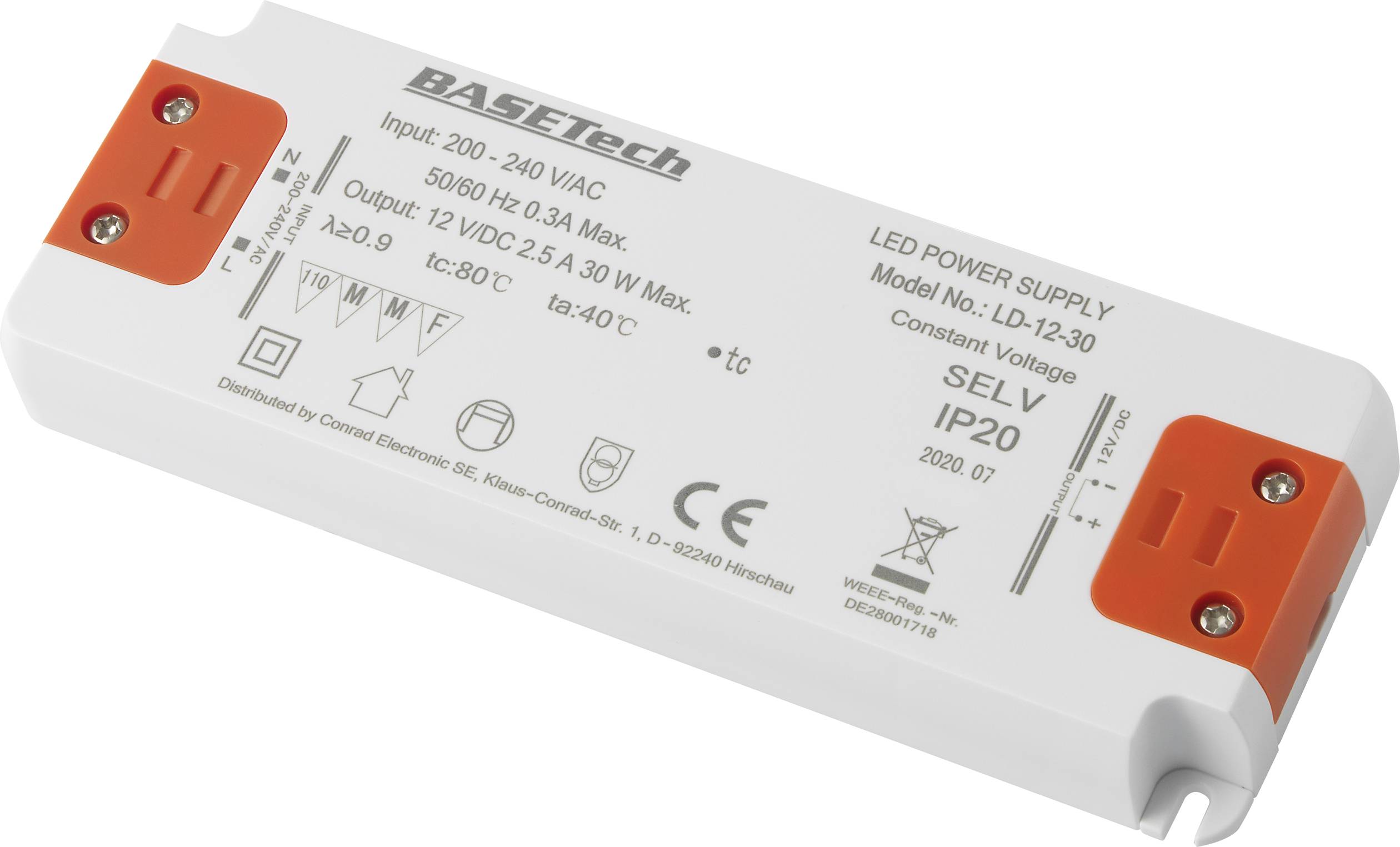 Ein rechteckiges LED-Netzteil mit weißen und orangen Details. Es zeigt technische Spezifikationen und Sicherheitskennzeichnungen.