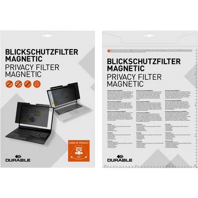 Verpackung für 'Blickschutzfilter Magnetic' von Durable. Zeigt Laptops mit und ohne Filter. Betont Privatsphäre und Schutz.