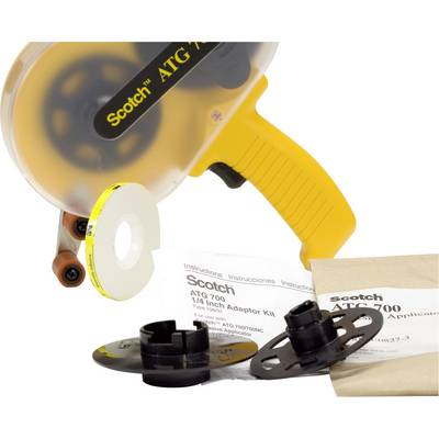 ATG-700-Klebebandspender mit gelbem Griff, umgeben von Klebebandrolle und Adaptern. Beiliegende Anleitung auf mehreren Sprachen.