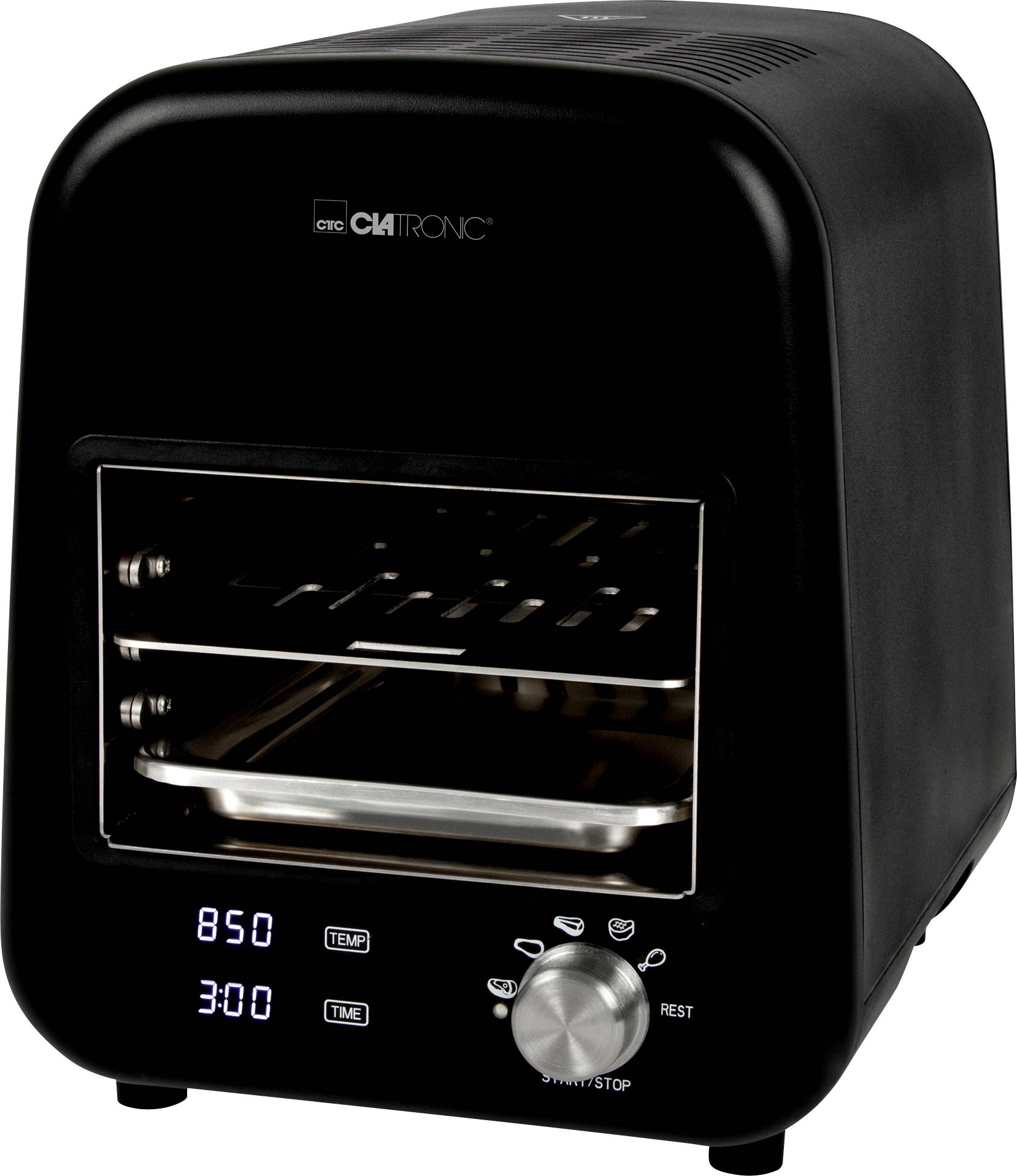 Schwarzer Mini-Backofen mit digitalem Display zeigt Temperatur '850' und Zeit '3:00'; Drehregler und zwei Ebenen im Inneren sichtbar.
