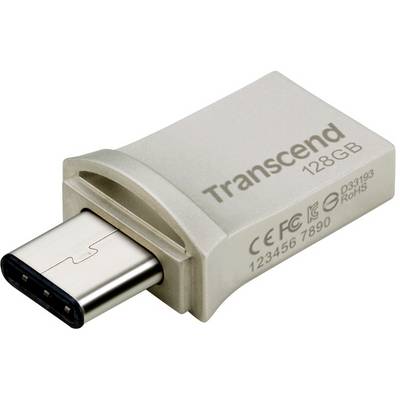 USB-Stick von Transcend mit 128GB Kapazität, silberne Farbe, USB-C-Anschluss. Geeignet für Speichererweiterung und Datentransfer.