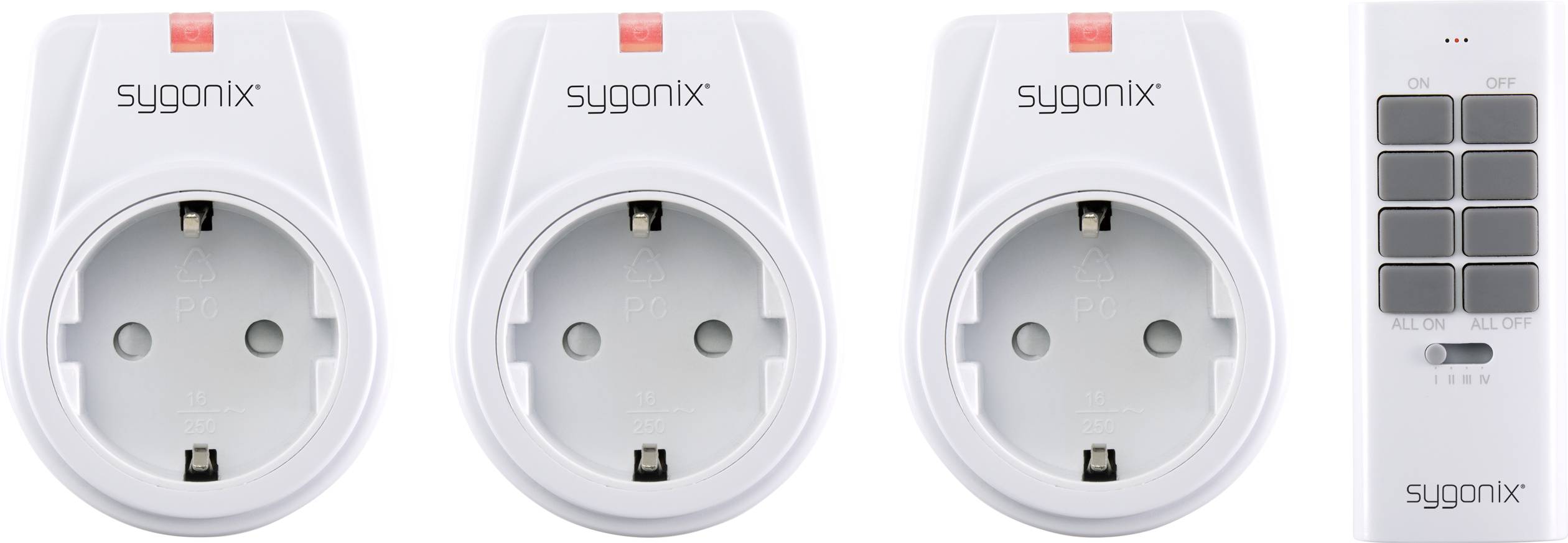 Drei weiße Funksteckdosen von Sygonix mit Fernbedienung, die rote Kontrollleuchten und Schaltknöpfe für Ein/Aus-Funktion haben.