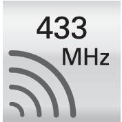 Schwarzer Hintergrund mit weißen Punkten und Ziffern '433 MHz', daneben stilisierte Funkwellenlinien, die nach links unten verlaufen.