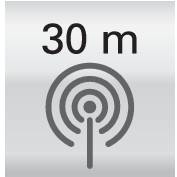 '30 m' und ein Symbol, das eine Funkverbindung darstellt; möglicherweise zeigt es eine Entfernungsanzeige für Signalstärke.