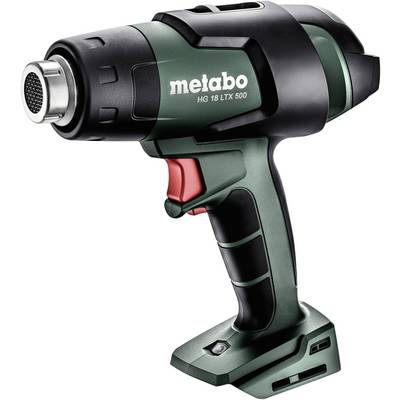 Kabelloses Heißluftgebläse 'metabo HG 18 LTX 500' in Schwarz und Grün, mit rotem Auslöser und ergonomischem Griff.