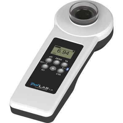 Ein digitales Wassertestgerät zeigt einen pH-Wert von 6,94 an. Es hat Tasten für 'ZERO', 'TA', 'Cl', 'Cl2', und 'CYA'. Verwendet in der Wasseranalyse.
