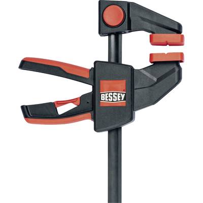 Schwarze und rote Schraubzwinge von BESSEY mit leichtem und stabilem Design, ideal zum Klemmen und Fixieren von Werkstücken.