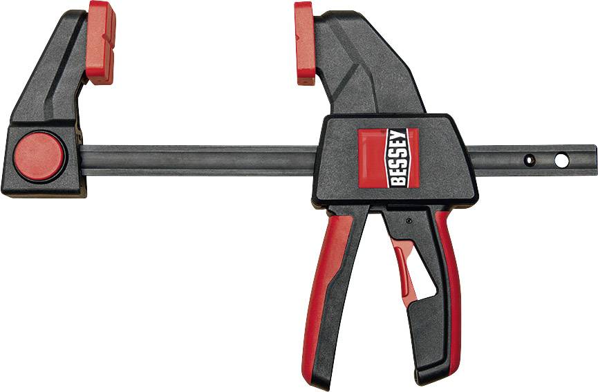 Eine Bessey-Einhandzwinge mit schwarzem und rotem Design, zum schnellen Fixieren von Materialien.