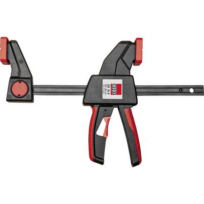 Eine schwarze und rote Einhandzwinge mit einem Hebelgriff, die für das feste Klemmen von Materialien verwendet wird.