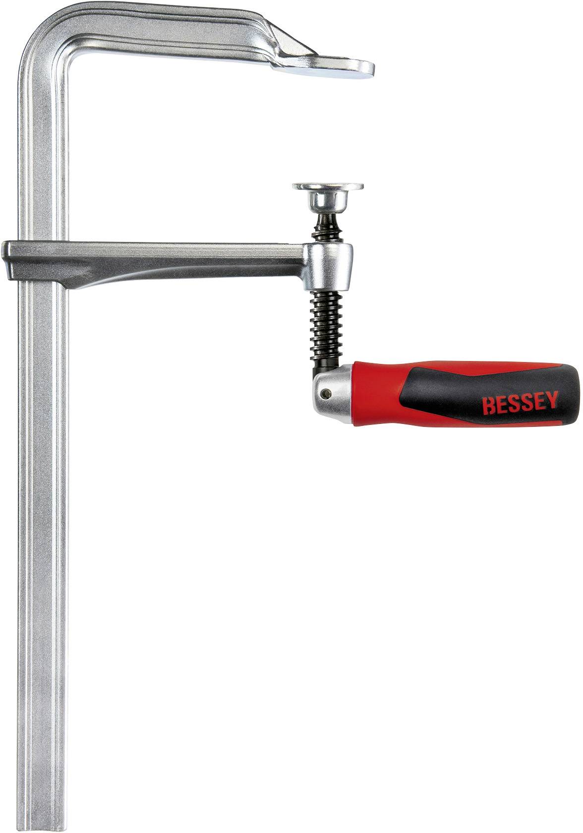 Eine silberne Schraubzwinge mit rotem ergonomischem Griff, die 'BESSEY' trägt. Sie wird zum Fixieren von Materialien verwendet.