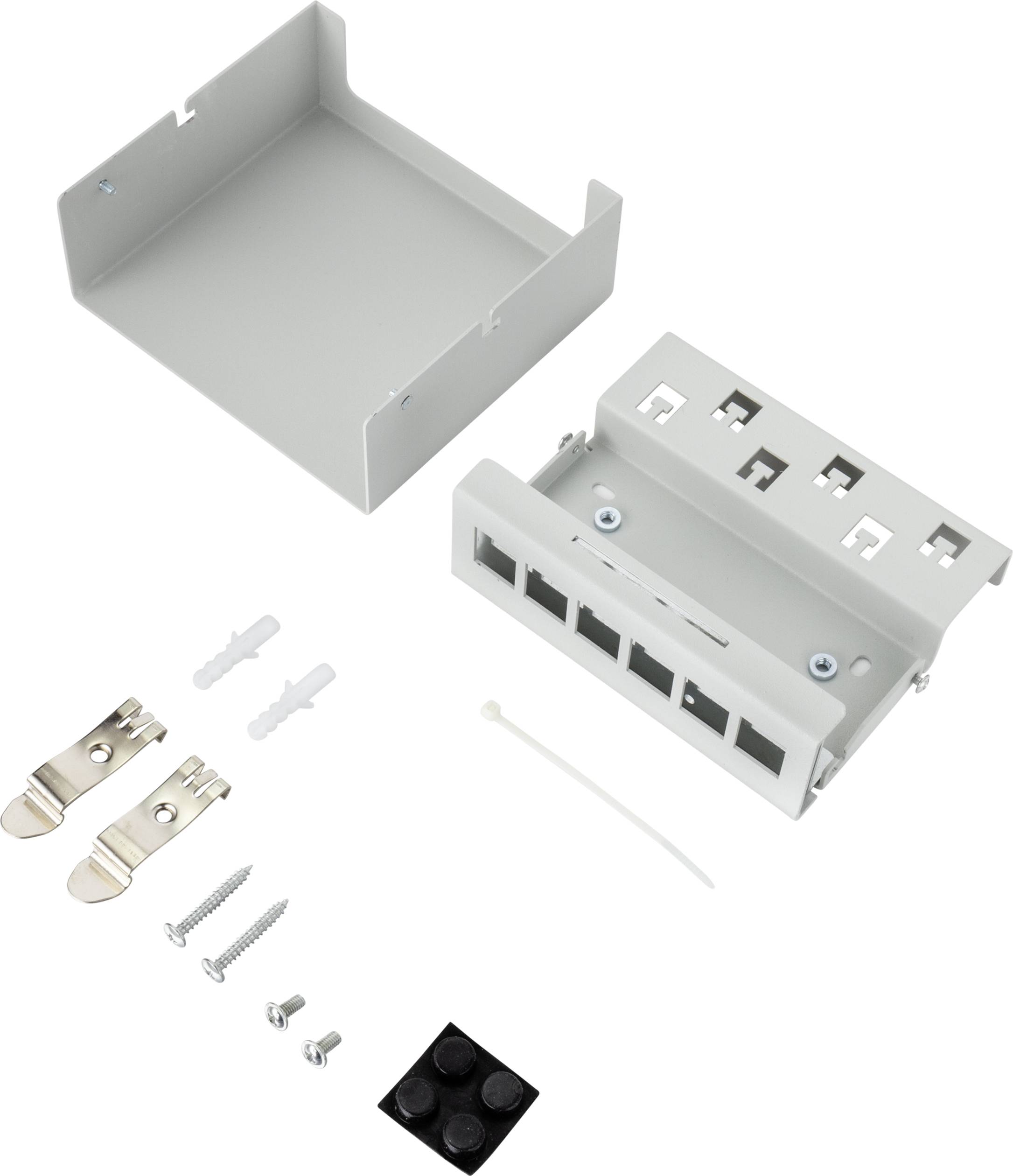 Netzwerk-Keystone-Modulträger-Set in Grau, bestehend aus Gehäuseteilen, Schrauben, Dübeln, Clip, Kabelbinder und Gummifüßen.