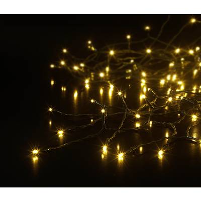 Lichterkette mit warmweißen LED-Lichtern, die in dunkler Umgebung leuchten und eine gemütliche Atmosphäre schaffen.