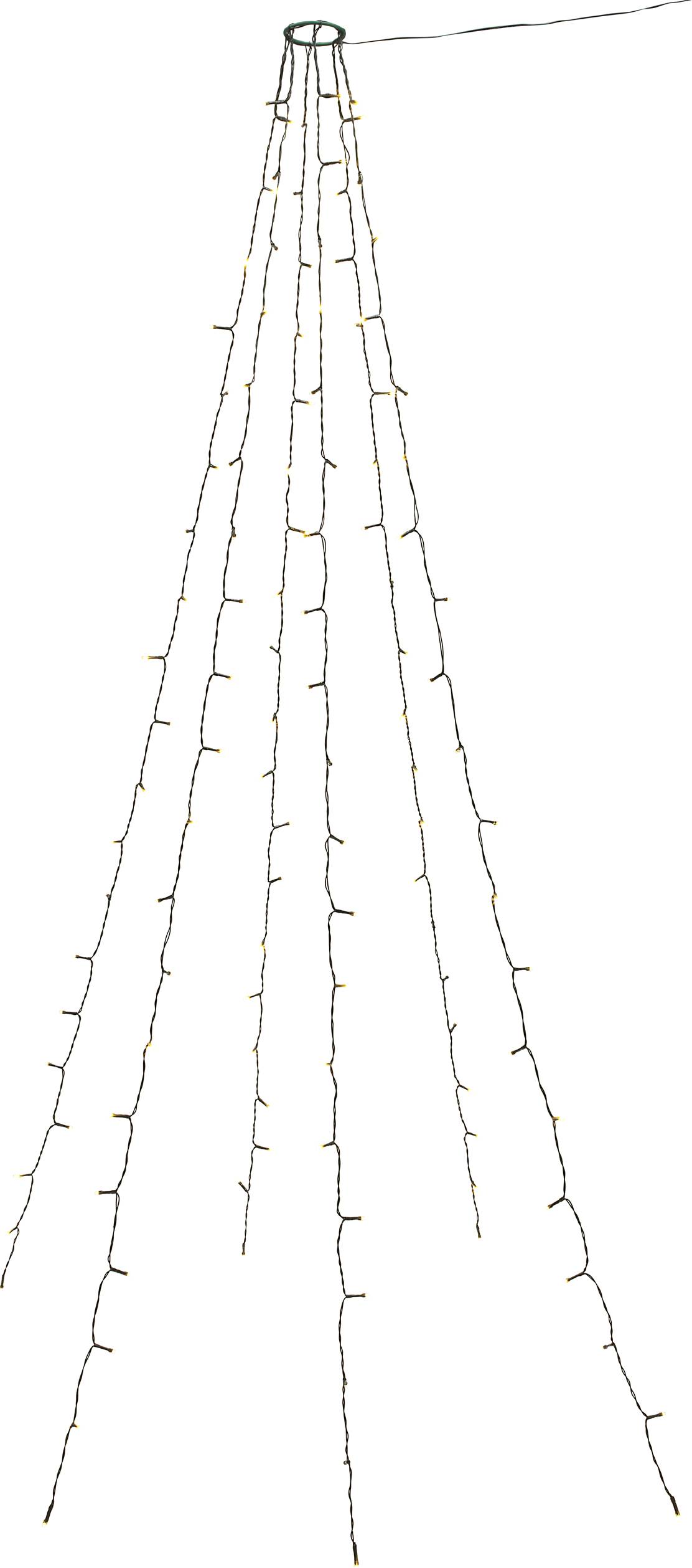 Lichterkette in Form eines Falls, mehrere Stränge mit kleinen Lichtern hängen von einem Punkt herab, geeignet für Dekorationen.